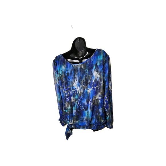 Women's Roz and Ali 18-20 Long Sleeve Tie Waist Scoop Neck Ruffled Flowing Blue - Picture 7 of 16